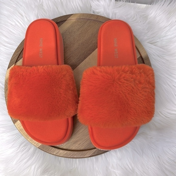 NINE WEST l Fuzzy Orange Platform Slider Sandals New! Size 8 - Picture 5 of 9